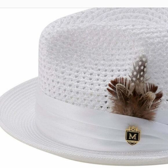 MONTIQUE MEN'S WHITE COLOR PINCH BRAIDED FEDORA WITH MATCHING SATIN RIBBON. H34 - Picture 2 of 4